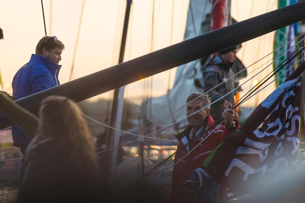 IMOCA Hugo Boss, skippers Alex Thomson (GBR) and Guillermo Altadill (ESP), leaving docks with Manfred Ramspacher, Manager Nautic Organisation, during the Transat Jacques Vabre start on october 25, 2015 in Le Havre, France - Photo Vincent Curutchet / DPPI © Vincent Curutchet/DPPI
